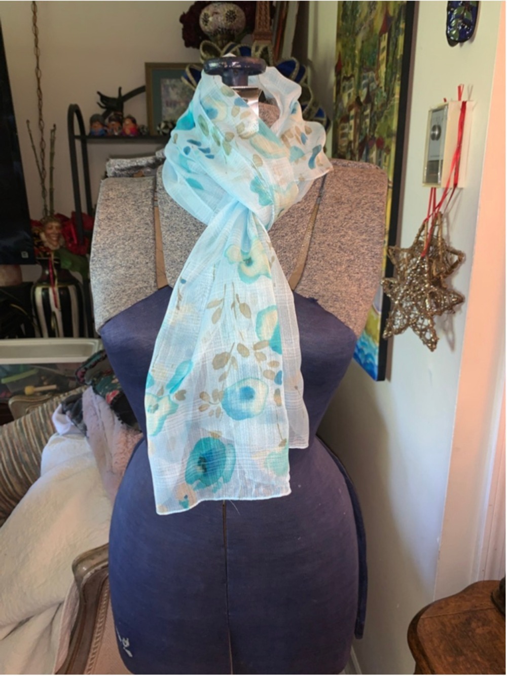 Women's Unbranded Light Blue Teal Floral Sheer Scarf One Size